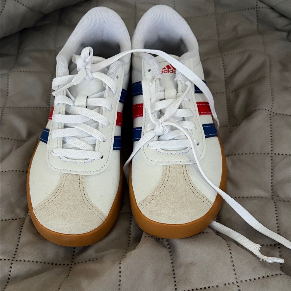 Adidas White Sneakers with Red and Blue Accents